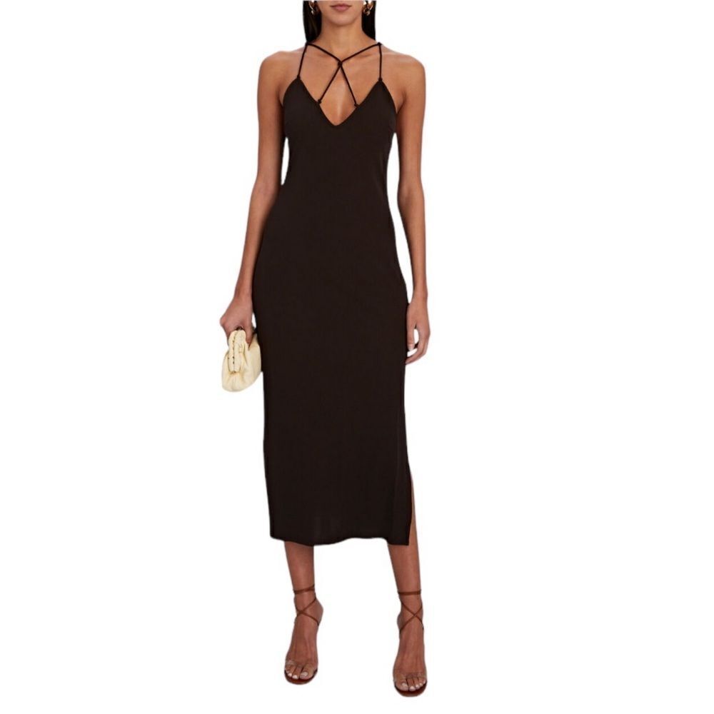 FRAME MIDI Slip Dress Small Brown Stretch Jersey Crepe Strappy Neckline $298 New